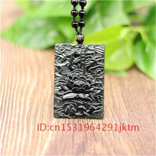 Obsidian Pendant Black Necklace Natural Jade Carved Amulet Double-sided Lotus Men for Accessories Buddhism Chinese Gifts Jewelry