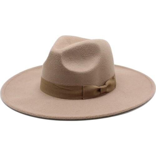 Autumn and Winter Wool Fedora Hat for Women Men Vintage Wide Big Brim Jazz Top Hat Fashion Felt Fedoras Casual Bowknot Black Cap