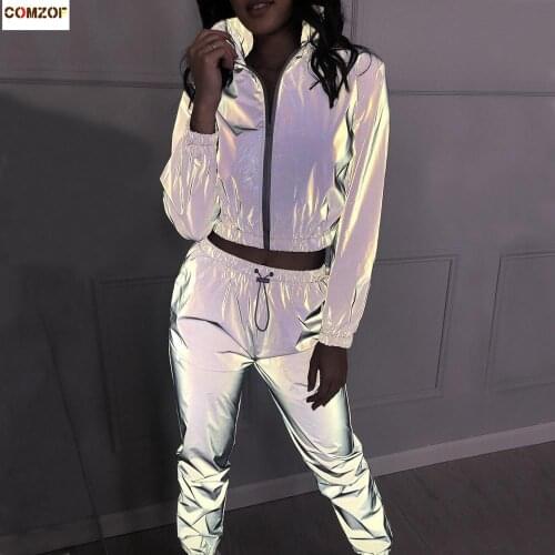 Reflective women jackets+pants night jogger 2 piece set womens casual reflect light suits sets hip hop streetwear clothes