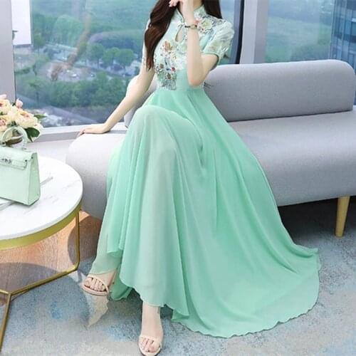 Loose New Summer Beach Maxi Dress for Women Fashion Casual O-Neck Short Sleeve Female Elegant Print Chiffon Party Dress Vestidos