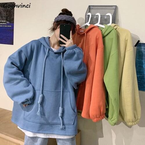 Women with Hat Hoodies Solid Loose Oversize Thickening Warm Pockets Front Tie Collar Colorful Korean Style Fashion Ulzzang Chic
