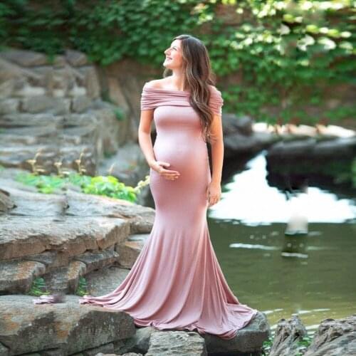 2021 Womens Pregnant Women Reverse Collar Short-sleeve Trailing One-piece Long Skirt Photography Dress Maternity Maxi Dress