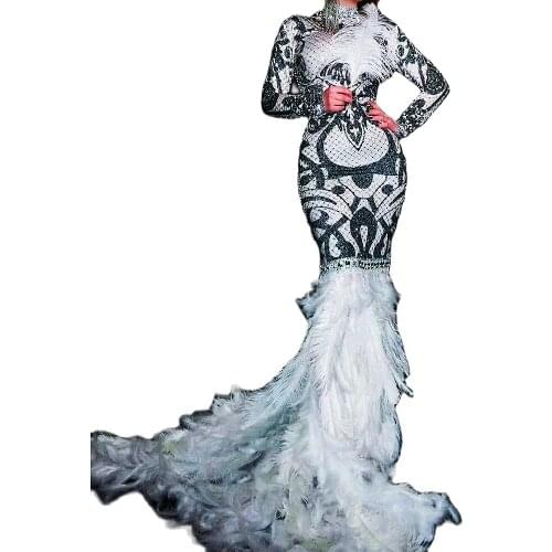Luxury Long Sleeve Shining Diamonds Mermaid Dress Long Tailing White Feather Women Dresses Evening Prom Outfit Nightclub Costume