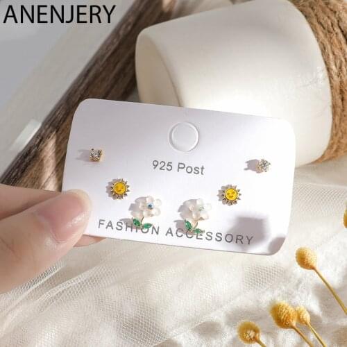ANENJERY Lovely Sunshine Flower 6-piece Small Earrings Set For Women Simple Zircon Stud Earrings For Women Gift S-E1208