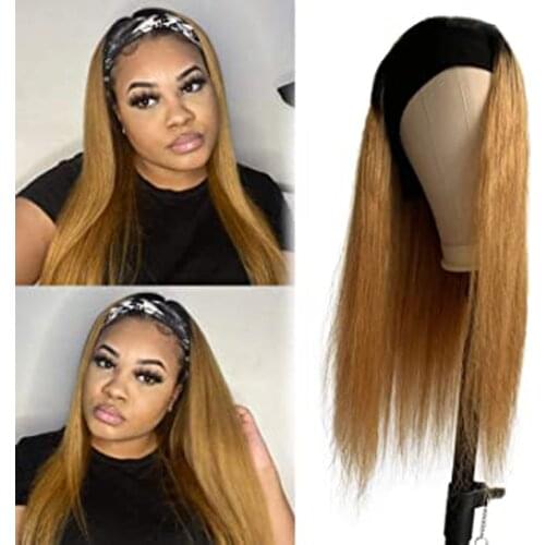 BLG Ombre Headband Wig Human Hair for Women Glueless Straight Human Hair Wigs with Headband Highlight Headband Scarf Wig