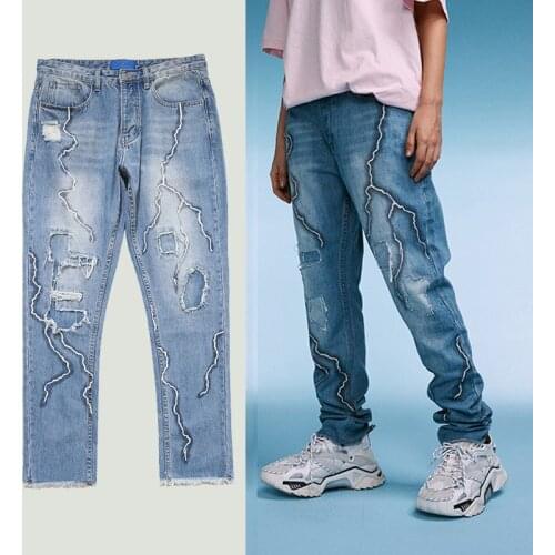 New Streetwear Lightning Printed Ripped Hole Denim Pants Mens Harajuku Hip Hip Straight Loose Cotton Jeans Male Trousers Joggers