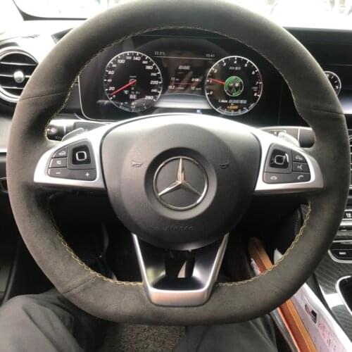 Top All Black Suede Leather Steering Wheel White Stitch on Wrap Cover Fit For Mercedes-Benz C200