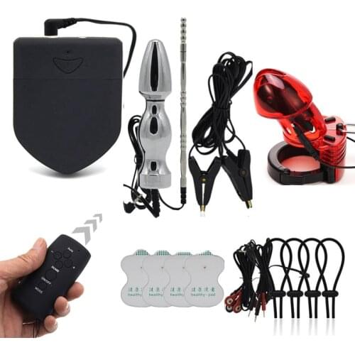 Electro Shock CB6000S Chastity Cock Cage Anal Plug Catheter Sounds Penis Rings Massage Nipple Clamps Electric Stimulate Sex Toy