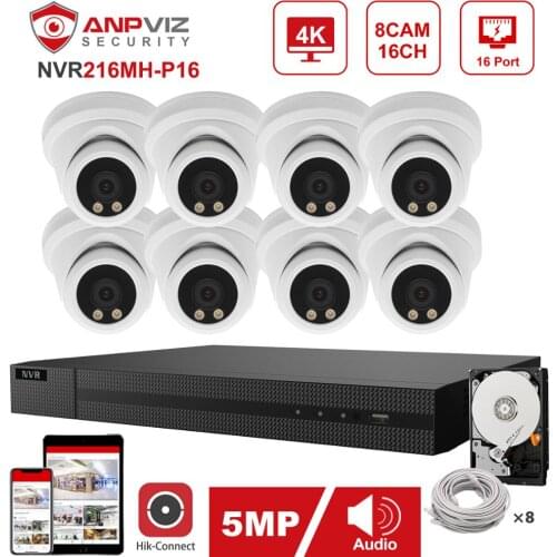Hikvision OEM 16CH 4K NVR 8pcs Anpviz 5MP ColorVu POE IP Camera System Indoor/Outdoor Turret IP Camera Security System Kit IP66