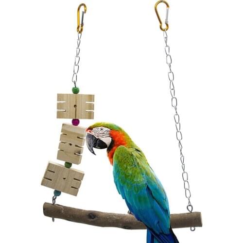 Bird Parrot Swing Toy Natural Wooden Block Metal Chain Bird Hanging Toy Interective Parrot Hammock Toy Bird Supplies Solid Color