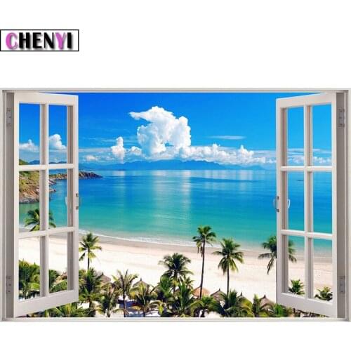 CHENYI 5D Diy Diamond Painting Full Sea View Outside The Window Diamond Embroidery Cross Stitch Handcraft Mosaic Wall Decor Gift