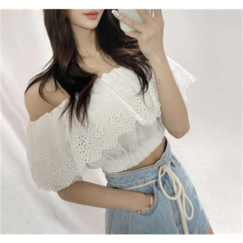 Korean Chic Womens Blouse Temperament Solid Patchwork Lace Slash Neck Blusas Female Fashij Tide Tops 2021 Summer