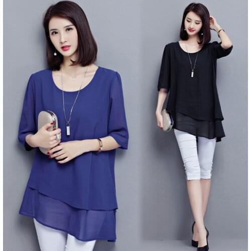 Vintage Chiffon Blouse Women Shirt Black Blusas Irregular Mujer De Moda Summer Korean Plus Size Tunic Tops Long Shirts Kimono