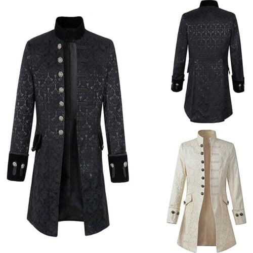 Men Black Gothic Steampunk Jacket Coat Victorian Edwardian Costume Mens Long Military Uniform Dress Suits Roll-Up Sleeves