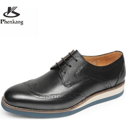 Phenkang Men Genuine Wingtip Leather Platform Oxford Shoes Round Toe Lace-Up Oxfords Dress Brogues Wedding Shoes For Men