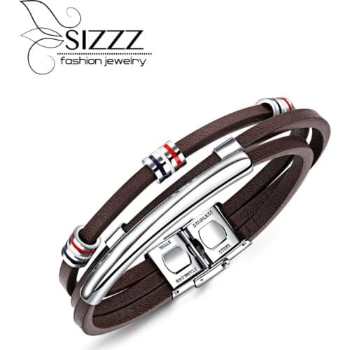 SIZZZ 2017 Fashionable retro multi - layer design titanium steel leather bracelet&bangles for men