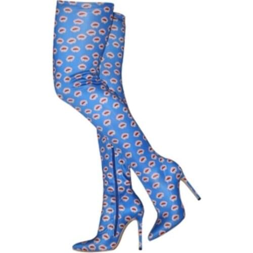 2020 new women printed boots blue skinny booties thin heel over knee high boots ladies party shoes elastic sock booties zip up