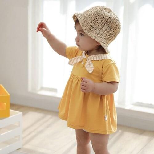 2021 New Summer Baby Girls Dress Short Sleeve Holiday Infant Dresses Soft Cotton One Piece Kids Yellow Pink Cute Baby Clothes