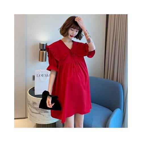 New summer korean large size maternity dress solid color lotus leaf collar lapel chiffon maternity dress