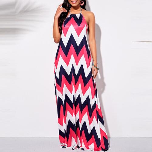 OTEN Woman Dress Sleeveless Halter Tie Contrast Geometric Print Dress Sexy Halter Bohemian Beach Party Maxi Dress with Turban