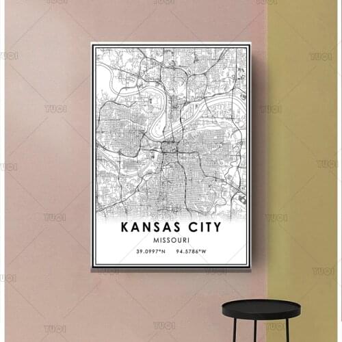 Map print poster canvas poster canvasWorld Map KANSAS CITYBlack White MapPoster Picture Art