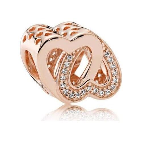 Genuine 925 Sterling Silver Bead Charm Rose Openwork Entwined Love Heart With Crystal Bead Fit Pan Bracelet Necklace Diy Je