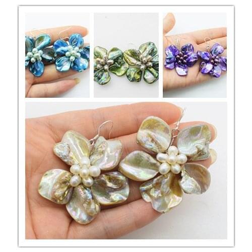 Freshwater Pearl /shell flat white/black/blue/yellow/green/purple flower 40mm nature Earrings wholesale for women xmas gift