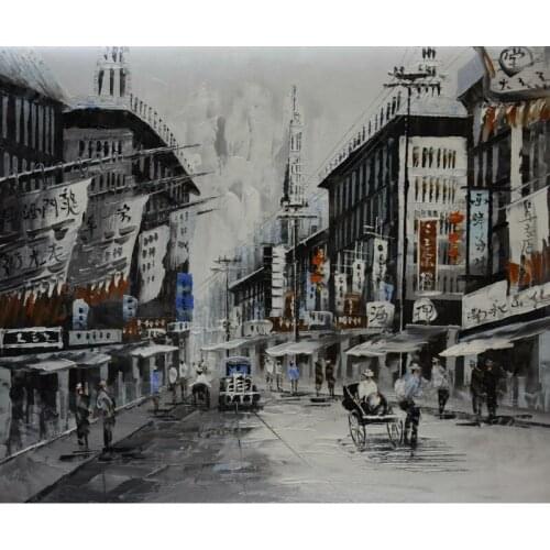 Hand Painted Canvas Knife Abstract Oil Painting White and Black Shanghai Trams Street Painting Wall Picture for Living Room