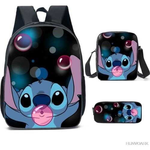 Boys Girls 3pcs/Set Backpack Disney Stitch Schoolbag Women Men 3D Fashion Nylon 16inch Primary Mochila Escolar