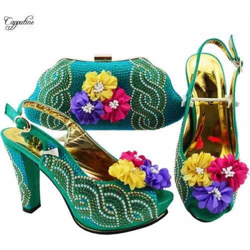 Teal Green Woman High Heels Shoes And Bag Set To Match African Ladies Sandals With Handbag Summer Pumps Purse JZS-02 11CM