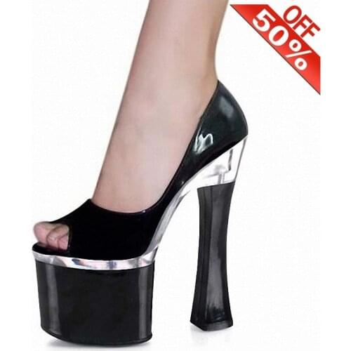 8 Inch high heels platform patent leather peep toe Black Nightclub womens shoes 17cm chunky heels Purple Cross dressing pumps