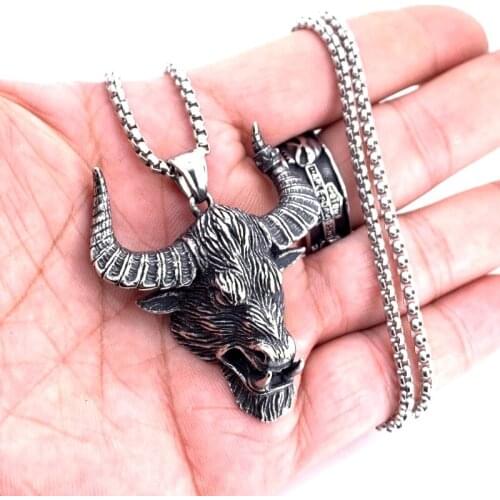 Vintage Bull Demon Pendant Necklace Cool Minotaur Stainless Steel Rope Chain Necklace for Men Women Punk Hiphop Biker Jewelry