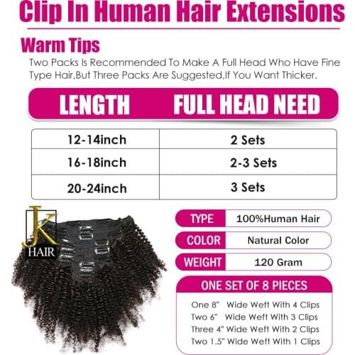JK Hair Afro Kinky Curly Brazilian Remy Hair Weave Bundles Clip In Human Hair Extensions Natural Color Full Head 8Pcs/Set 120G