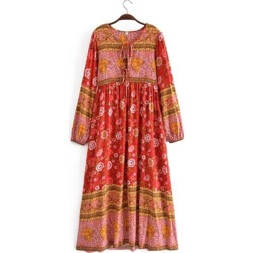 Womens Long Skirt 202 Spring And Summer New Holiday Style Printed Long-Sleeved Dress Ladies Casual Skirt European And American