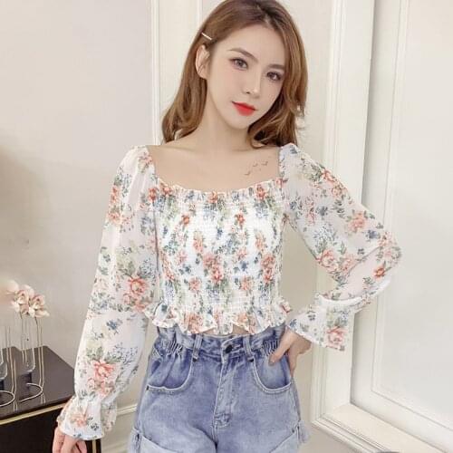 Womens Shirts Floral Print Blouses Square Collar Sexy Sweet Exposed Navel Long Sleeves Chiffon Shirts Tops
