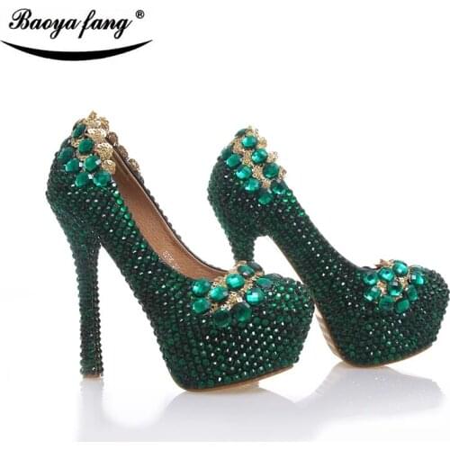 Green Crystal Bridal Wedding Shoes Rhinestone 2021 New Women High Heels Platform Ladies Round Toe Thin Heels Party Dress Shoe