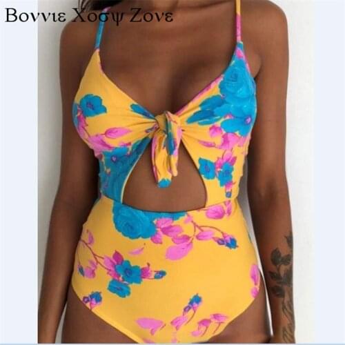 Women Summer V-Neck Sleeveless Tie Dye Print Sling Cut-out One-Piece Bikini Sets