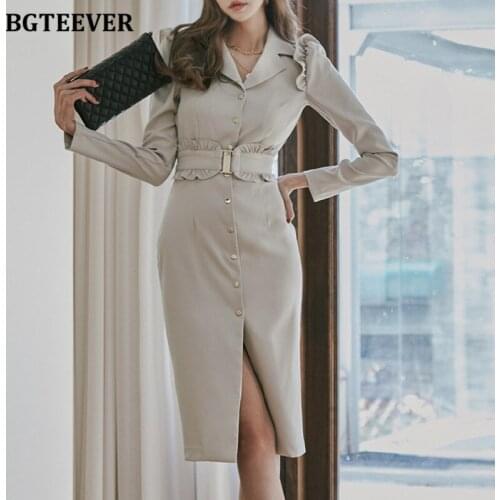 BGTEEVER Elegant Notched Collar Single-breasted Sheath Bodycon Dress for Women Spring Ladies Belted Slim Waist Vestidos 2021