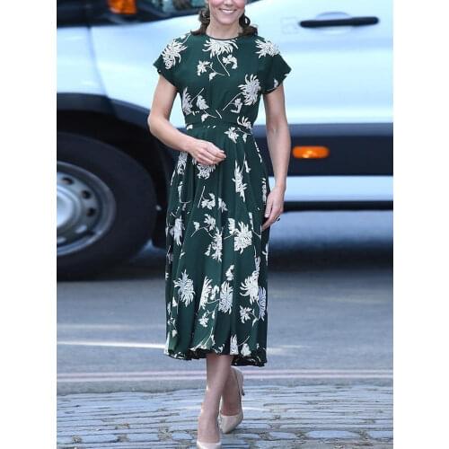 Kate Middleton Fashion New Womens Summer High Quality Vintage Elegant Chic Office Party Casual Short Sleeve Midi Printed Dress