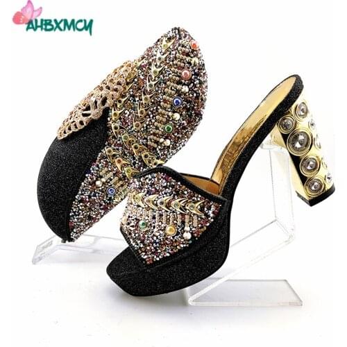 2021 New Arrivals Super High Slipper with Platform Decorate with Rhinestone in Black Color African Women Shoes and Bag Set