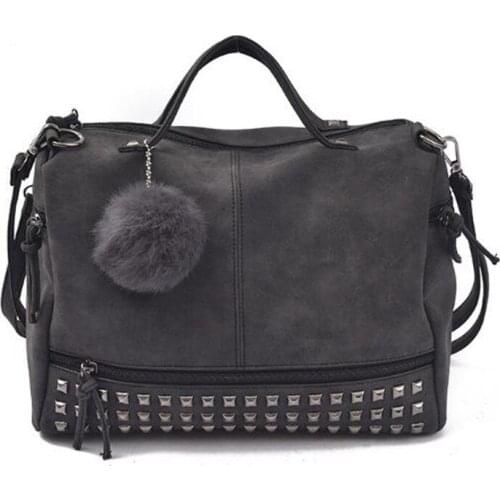 2021 Vintage Nubuck Leather Ladies Handbag Rivet Large Bags Hair Ball Women Shoulder Bag Motorcycle Messenger Top-Handle Totes