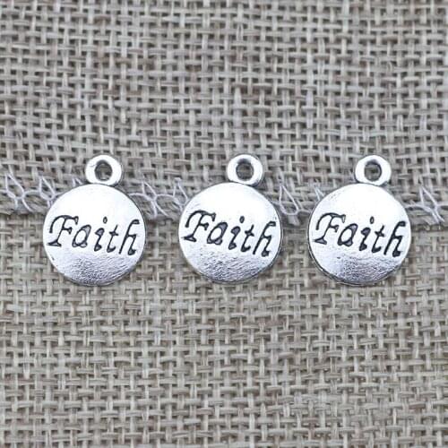 High Quality 50 Pieces/Lot 12mm*16mm Antique Silver Plated Round Disc Letter Engraved Faith Inspiration Message Charms