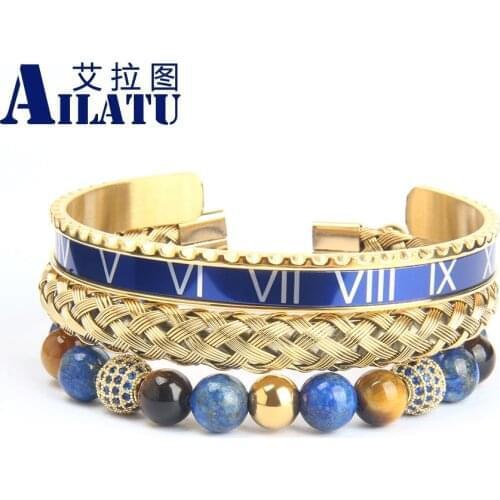 Ailatu New Luxury Blue Cz Ball Lapis Lazuli Stone Braiding Bracelet Stainless Steel Sets Bangles Top Quality
