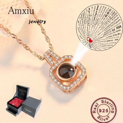Amxiu Valentines Day Gift 925 Silver Jewelry 100 Languages I Love You Pendant Necklace For Women Girl Clavicular Chain Necklace