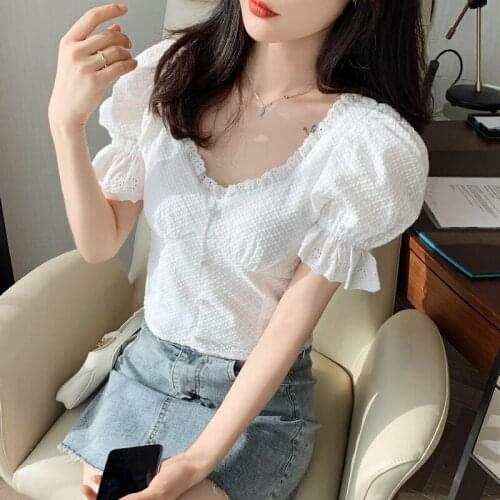 Elegant Lace Stitching Square Collar Women Blouses Summer Vintage Puff Sleeves White Shirt Ladies Fashion Slim Summer Tops