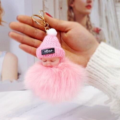 Fluffy Fox Fur Ball Pompom Sleeping Baby Key Chain Car Keyring Holder Bag Pendant Hat Charm Keychain Women Child Toys D253
