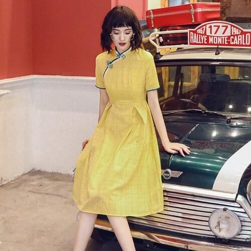 CN(Origin) Young Girl Improved Batik Cotton Dress Daily Wear Plaid Retro Art Student Sweet Modern Cheongsam Chinese Qipao