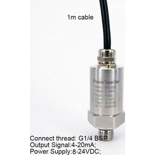 0 to 10-100kpa(14.5PSI) for choice Silicon Pressure Transmitter Pressure Transducer with 1m cable G1/4 4-20mA output