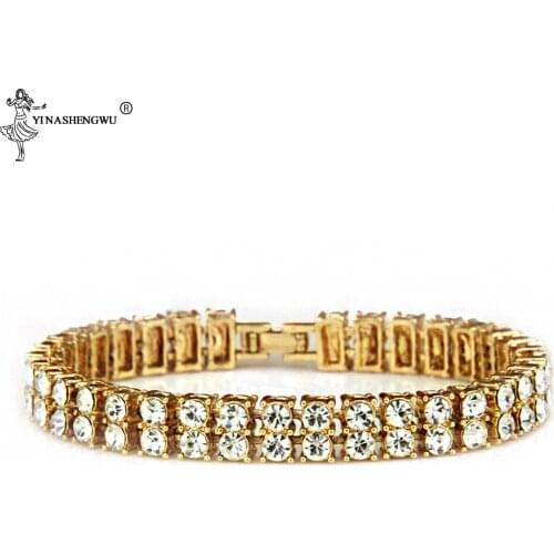 Hip-hop 2 Row Gold Glittering CZ Ice Rhinestone Cubic Zirconia Bracelet Chain Pearl Bracelet Unisexy Jewelry Gifts Gold Color