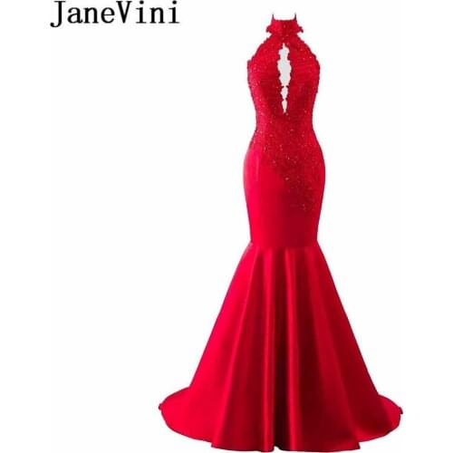JaneVini 2019 Mermaid Burgundy Bridesmaid Dresses Long African Sexy Halter High Neck Beaded Lace Prom Dresses Formal Party Gowns